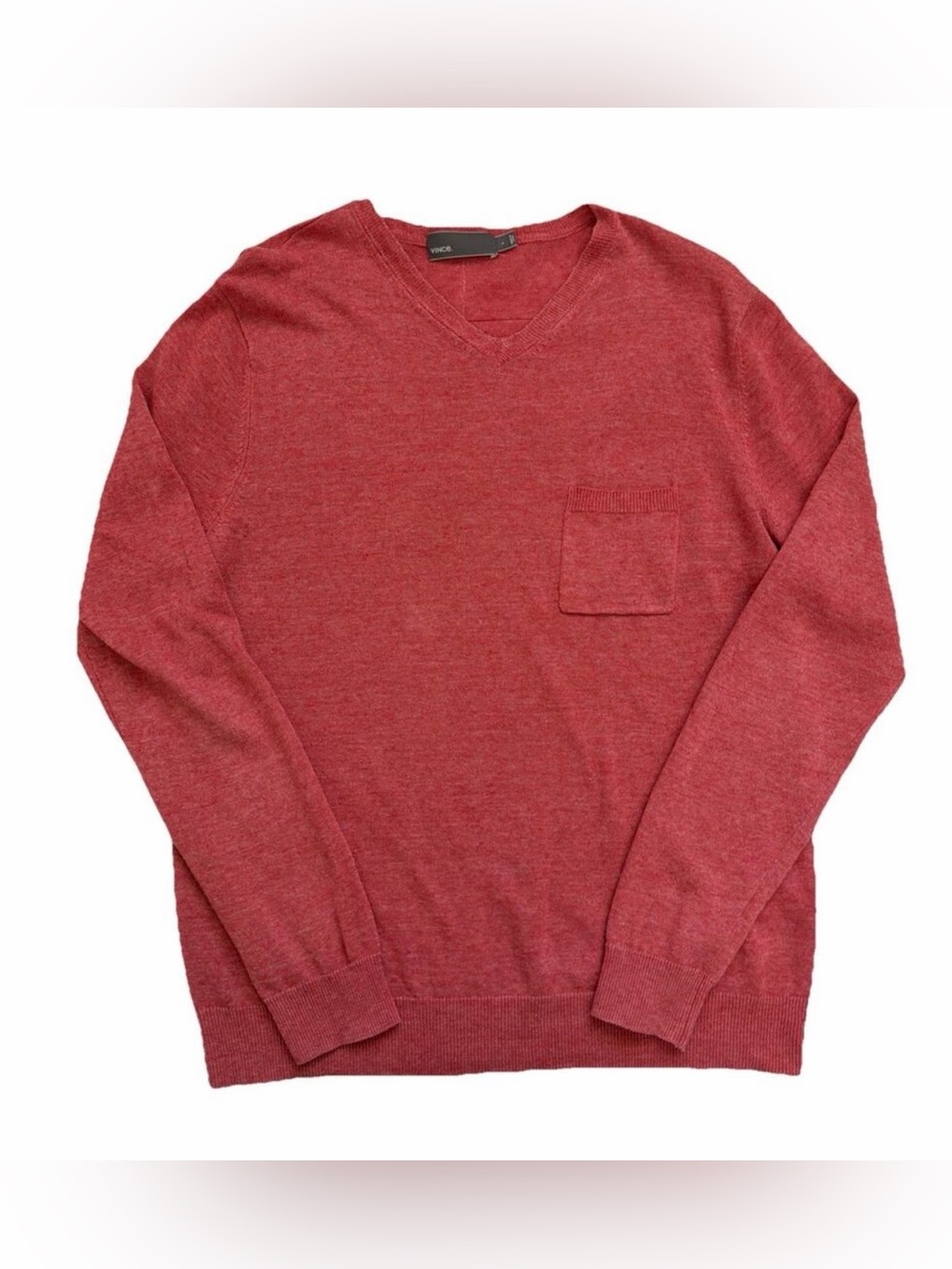 Vince Linen Blend Sweater Men Large Red V-Neck Chest Pocket Casual Office Preppy